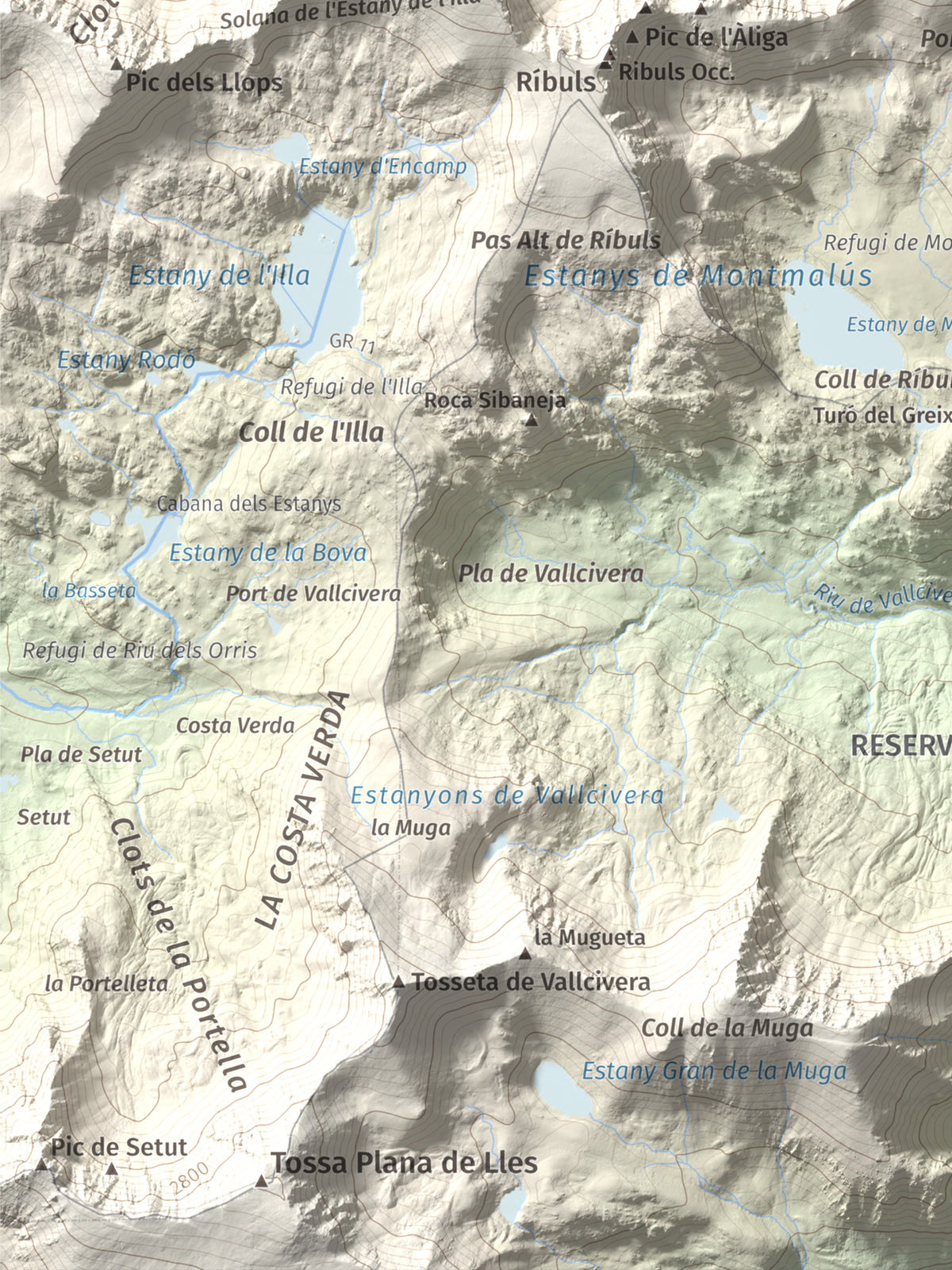 Mapa de relieve de Montmalús, 2781 m, Andorra, lámina 100 Cims de Trobart. Detalle de la zona inferior izquierda. 30 × 40 cm.