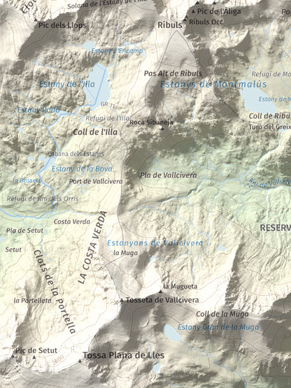 Mapa de relieve de Montmalús, 2781 m, Andorra, lámina 100 Cims de Trobart. Detalle de la zona inferior izquierda. 30 × 40 cm.