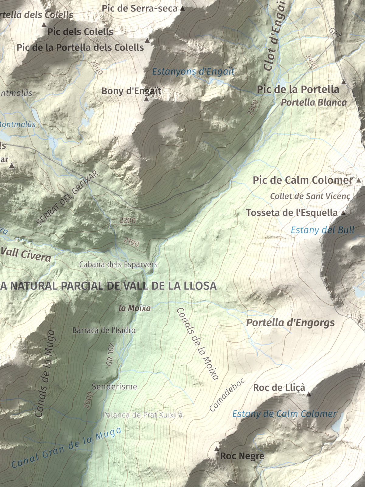 Mapa de relieve de Montmalús, 2781 m, Andorra, lámina 100 Cims de Trobart. Detalle de la zona inferior derecha. 30 × 40 cm.