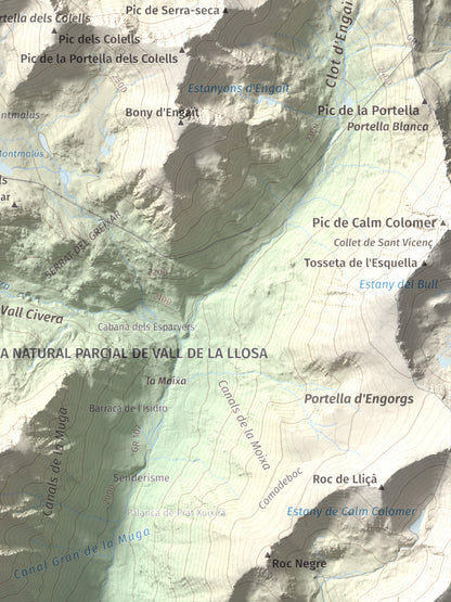 Mapa de relieve de Montmalús, 2781 m, Andorra, lámina 100 Cims de Trobart. Detalle de la zona inferior derecha. 30 × 40 cm.