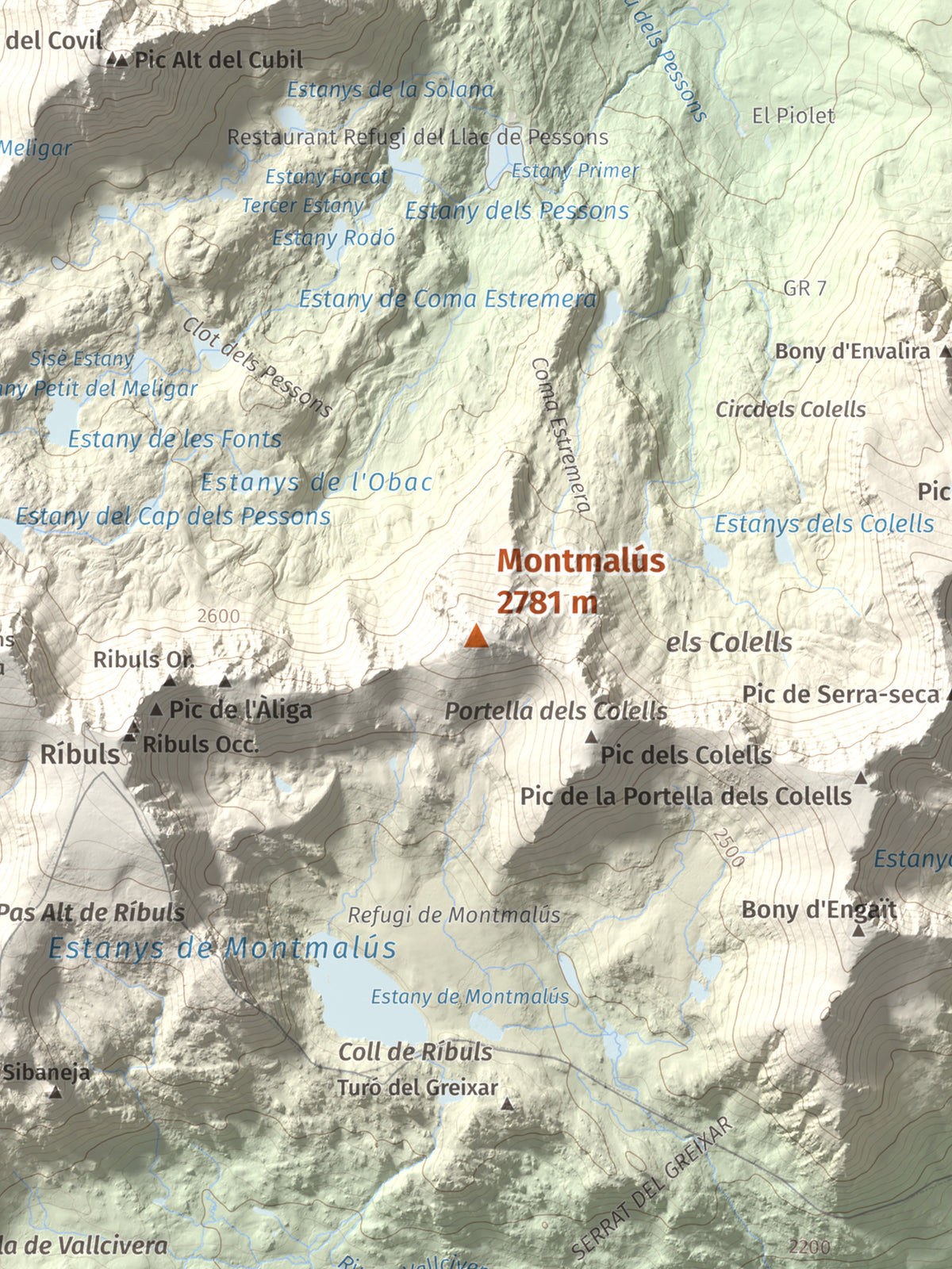 Mapa de relieve de Montmalús, 2781 m, Andorra, lámina 100 Cims de Trobart. Detalle de la zona central. 30 × 40 cm.