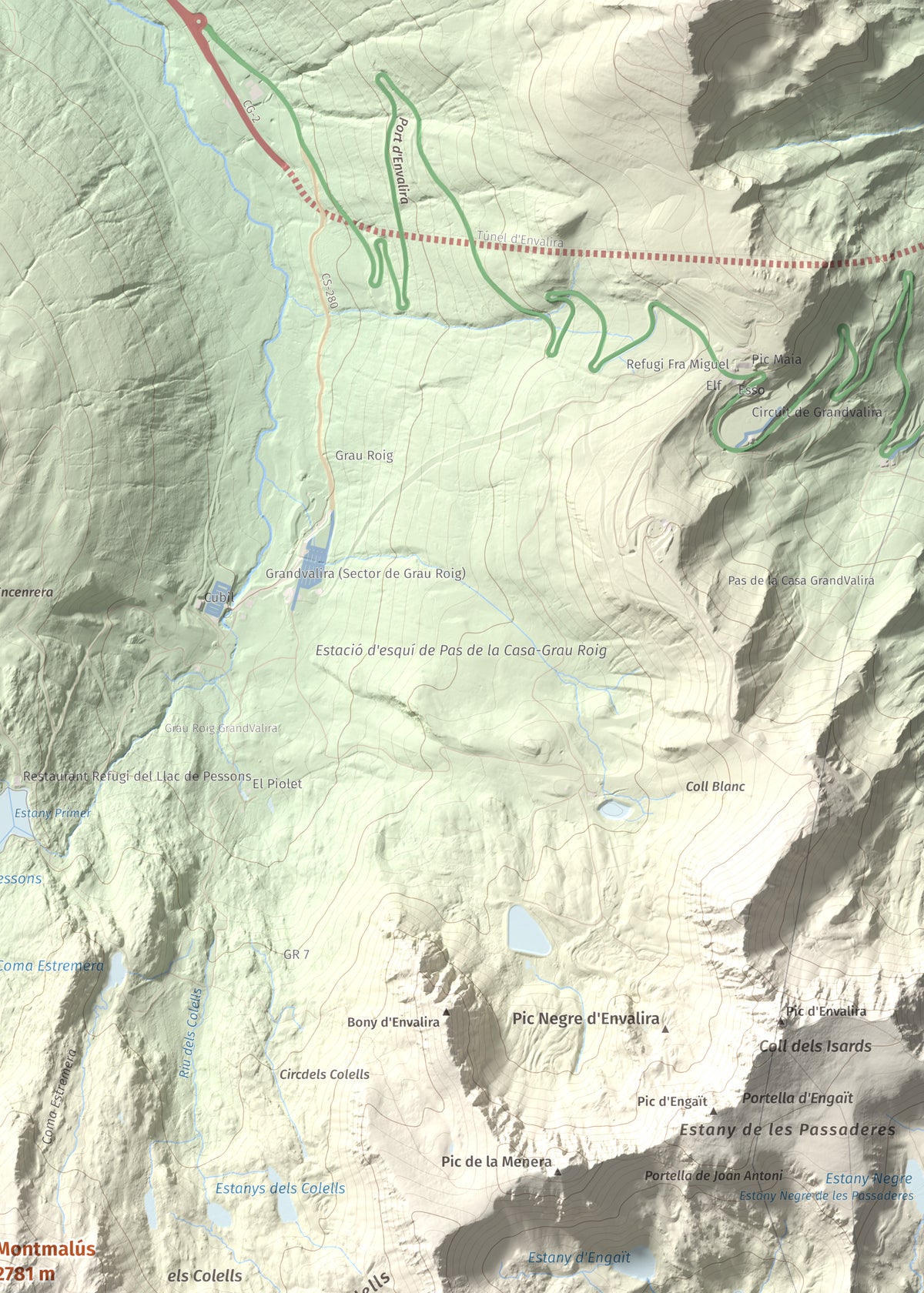 Mapa de relieve de Montmalús, 2781 m, Andorra, lámina 100 Cims de Trobart. Detalle de la zona superior derecha. 50 × 70 cm.