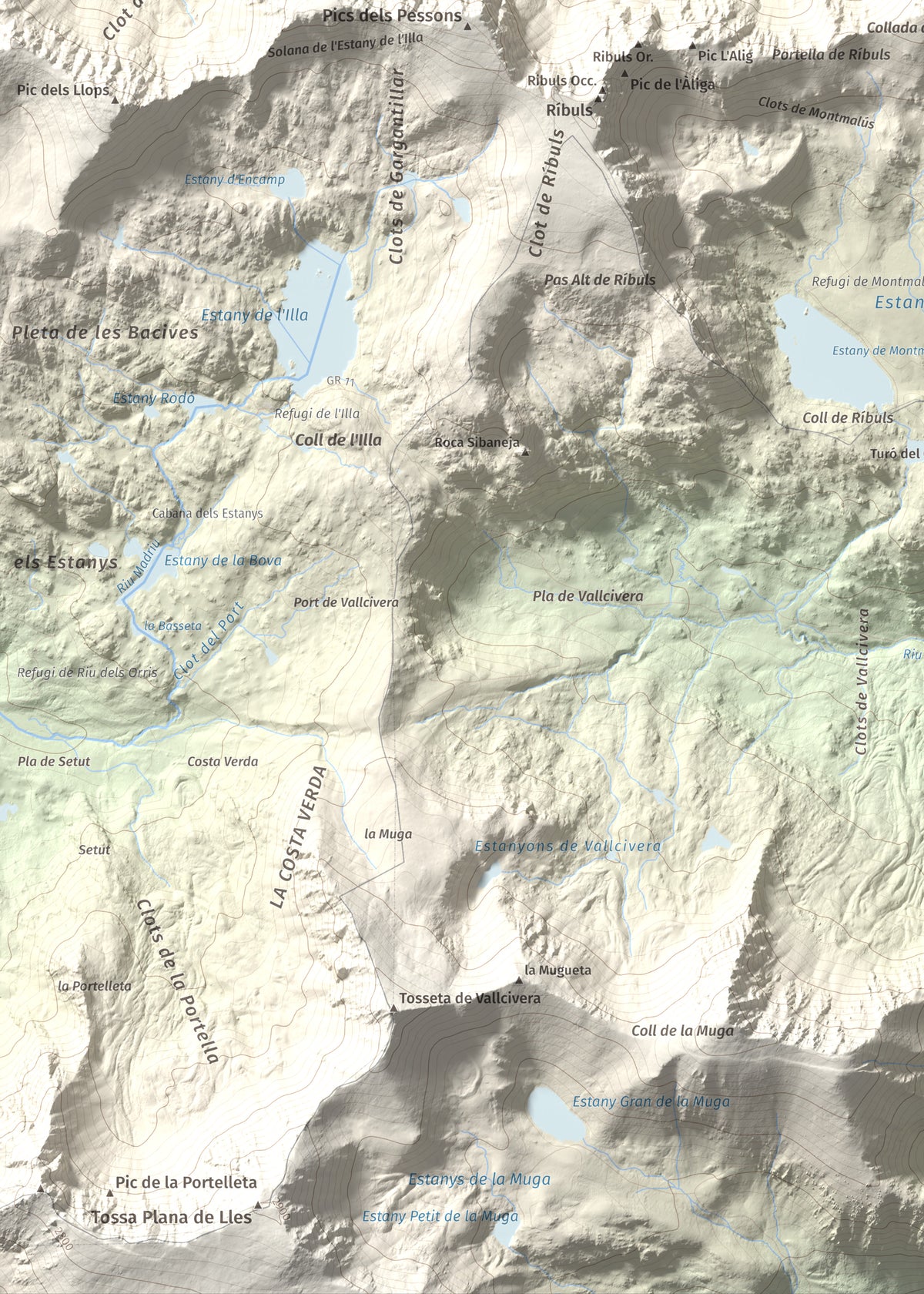 Mapa de relieve de Montmalús, 2781 m, Andorra, lámina 100 Cims de Trobart. Detalle de la zona inferior izquierda. 50 × 70 cm.