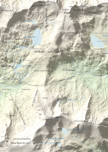 Mapa de relieve de Montmalús, 2781 m, Andorra, lámina 100 Cims de Trobart. Detalle de la zona inferior izquierda. 50 × 70 cm.