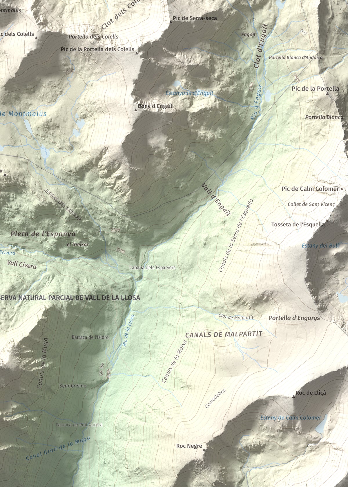Mapa de relieve de Montmalús, 2781 m, Andorra, lámina 100 Cims de Trobart. Detalle de la zona inferior derecha. 50 × 70 cm.