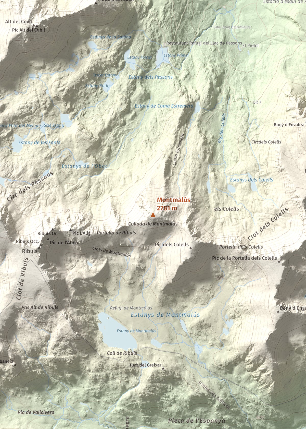 Mapa de relieve de Montmalús, 2781 m, Andorra, lámina 100 Cims de Trobart. Detalle de la zona central. 50 × 70 cm.