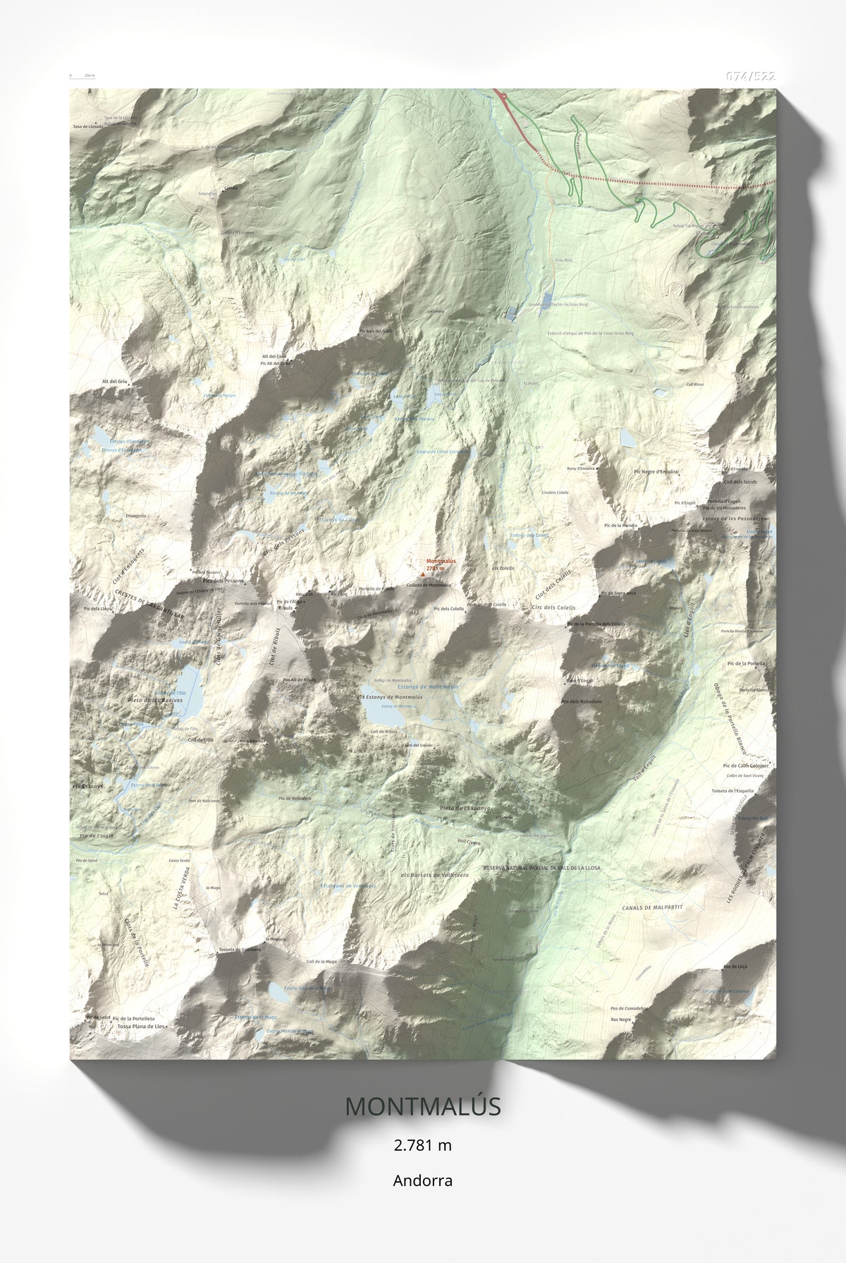 Mapa de relieve de Montmalús, 2781 m, Andorra, lámina 100 Cims de Trobart 61 × 91 cm.