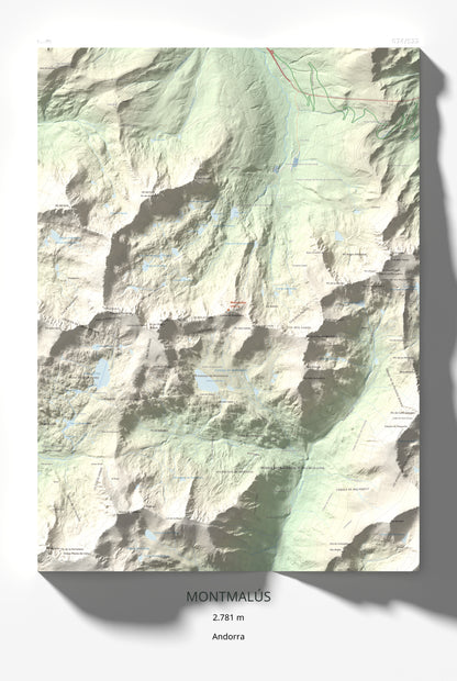 Mapa de relieve de Montmalús, 2781 m, Andorra, lámina 100 Cims de Trobart 61 × 91 cm.