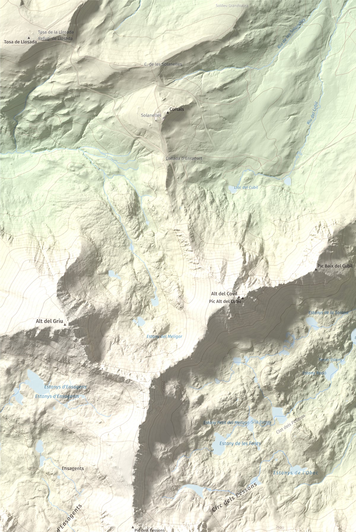 Mapa de relieve de Montmalús, 2781 m, Andorra, lámina 100 Cims de Trobart. Detalle de la zona superior izquierda. 61 × 91 cm.