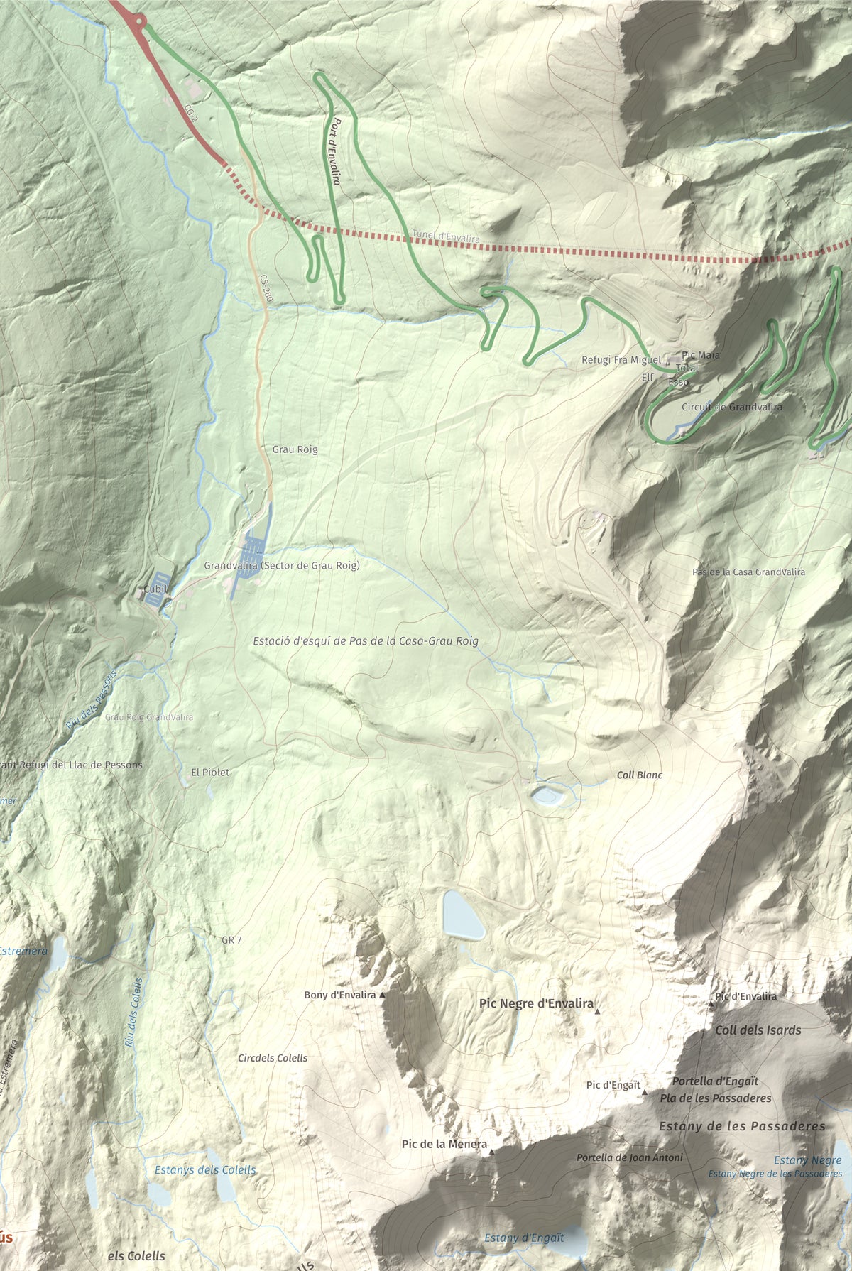 Mapa de relieve de Montmalús, 2781 m, Andorra, lámina 100 Cims de Trobart. Detalle de la zona superior derecha. 61 × 91 cm.