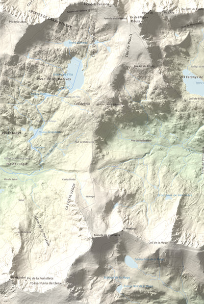 Mapa de relieve de Montmalús, 2781 m, Andorra, lámina 100 Cims de Trobart. Detalle de la zona inferior izquierda. 61 × 91 cm.