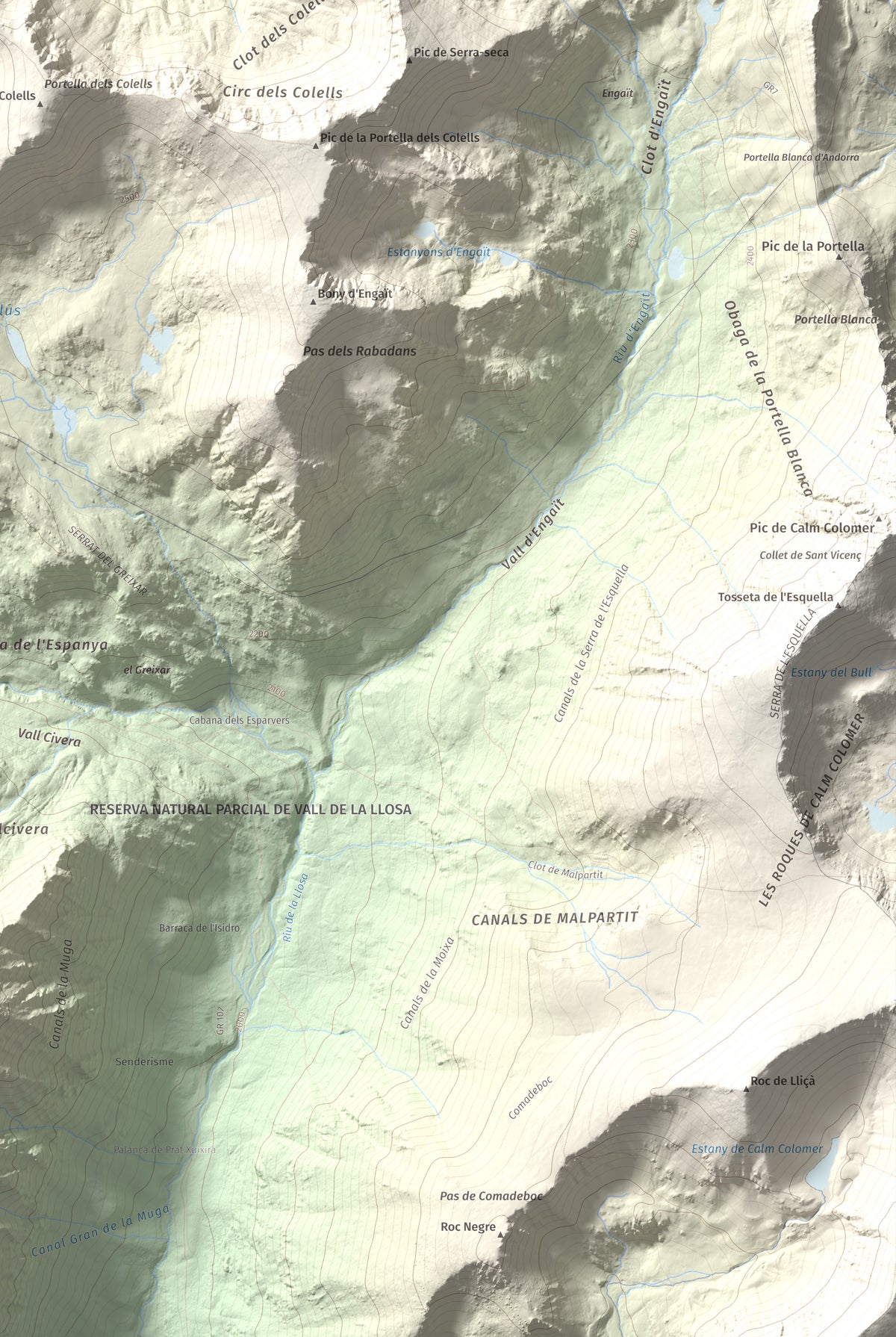Mapa de relieve de Montmalús, 2781 m, Andorra, lámina 100 Cims de Trobart. Detalle de la zona inferior derecha. 61 × 91 cm.