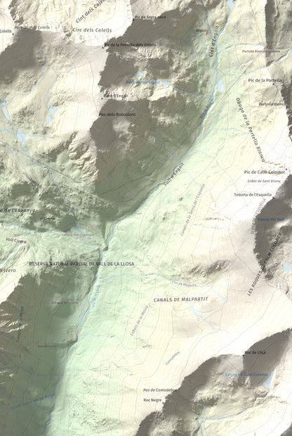 Mapa de relieve de Montmalús, 2781 m, Andorra, lámina 100 Cims de Trobart. Detalle de la zona inferior derecha. 61 × 91 cm.