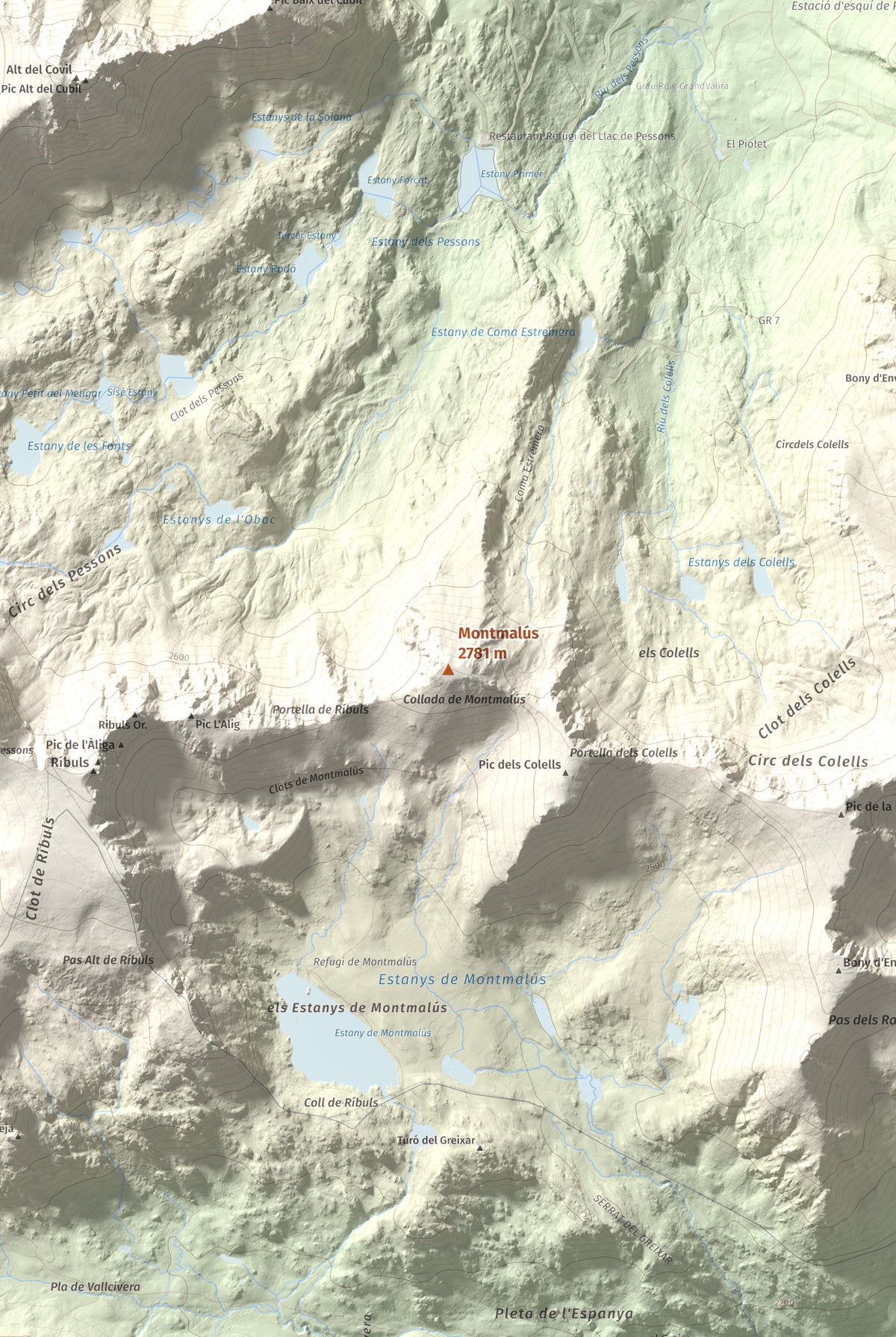 Mapa de relieve de Montmalús, 2781 m, Andorra, lámina 100 Cims de Trobart. Detalle de la zona central. 61 × 91 cm.