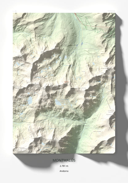 Mapa de relieve de Montmalús, 2781 m, Andorra, lámina 100 Cims de Trobart 70 × 100 cm.