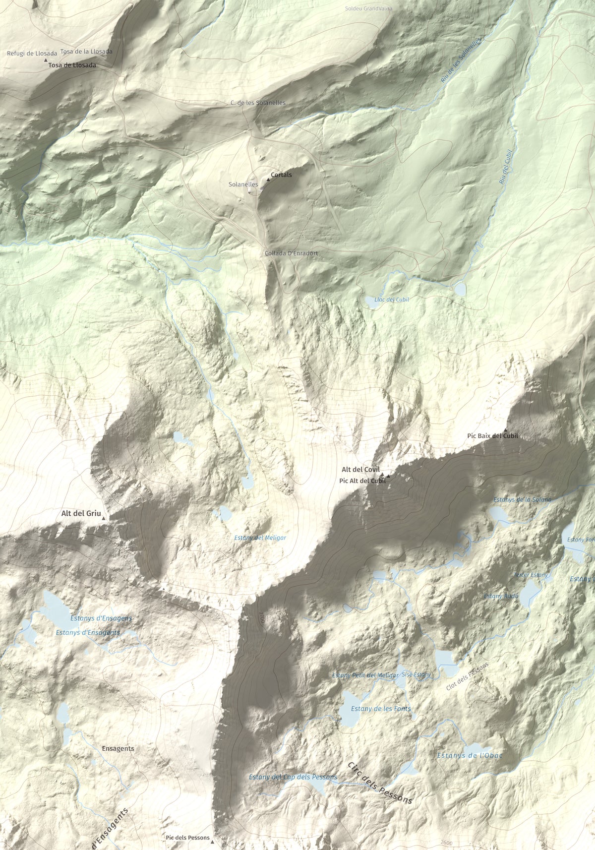 Mapa de relieve de Montmalús, 2781 m, Andorra, lámina 100 Cims de Trobart. Detalle de la zona superior izquierda. 70 × 100 cm.