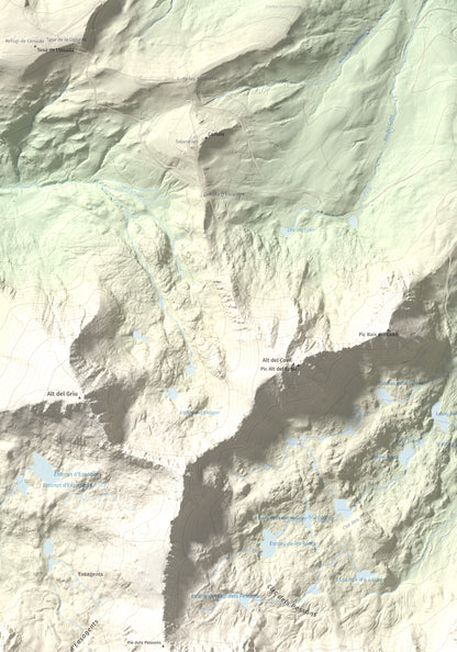 Mapa de relieve de Montmalús, 2781 m, Andorra, lámina 100 Cims de Trobart. Detalle de la zona superior izquierda. 70 × 100 cm.