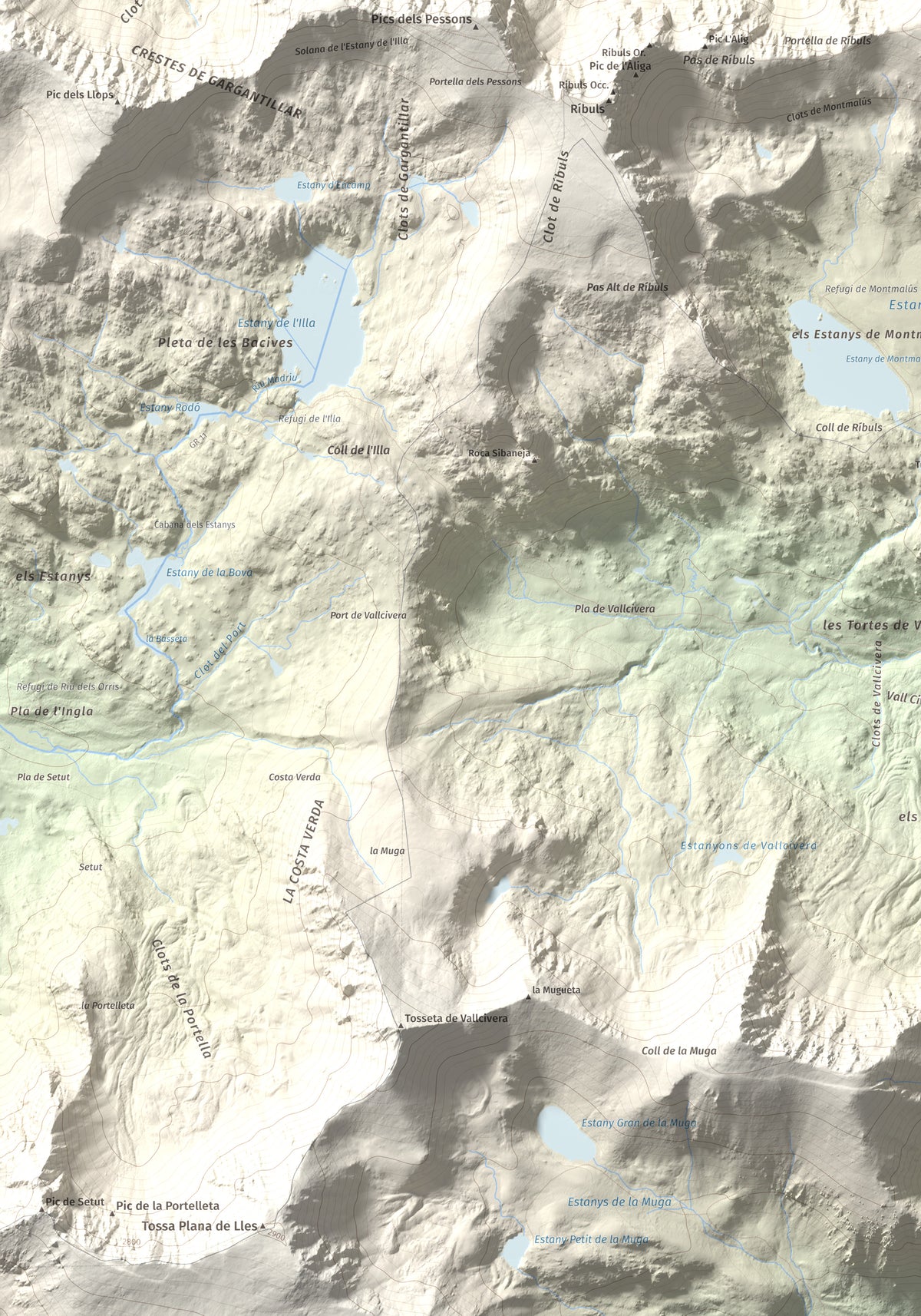 Mapa de relieve de Montmalús, 2781 m, Andorra, lámina 100 Cims de Trobart. Detalle de la zona inferior izquierda. 70 × 100 cm.