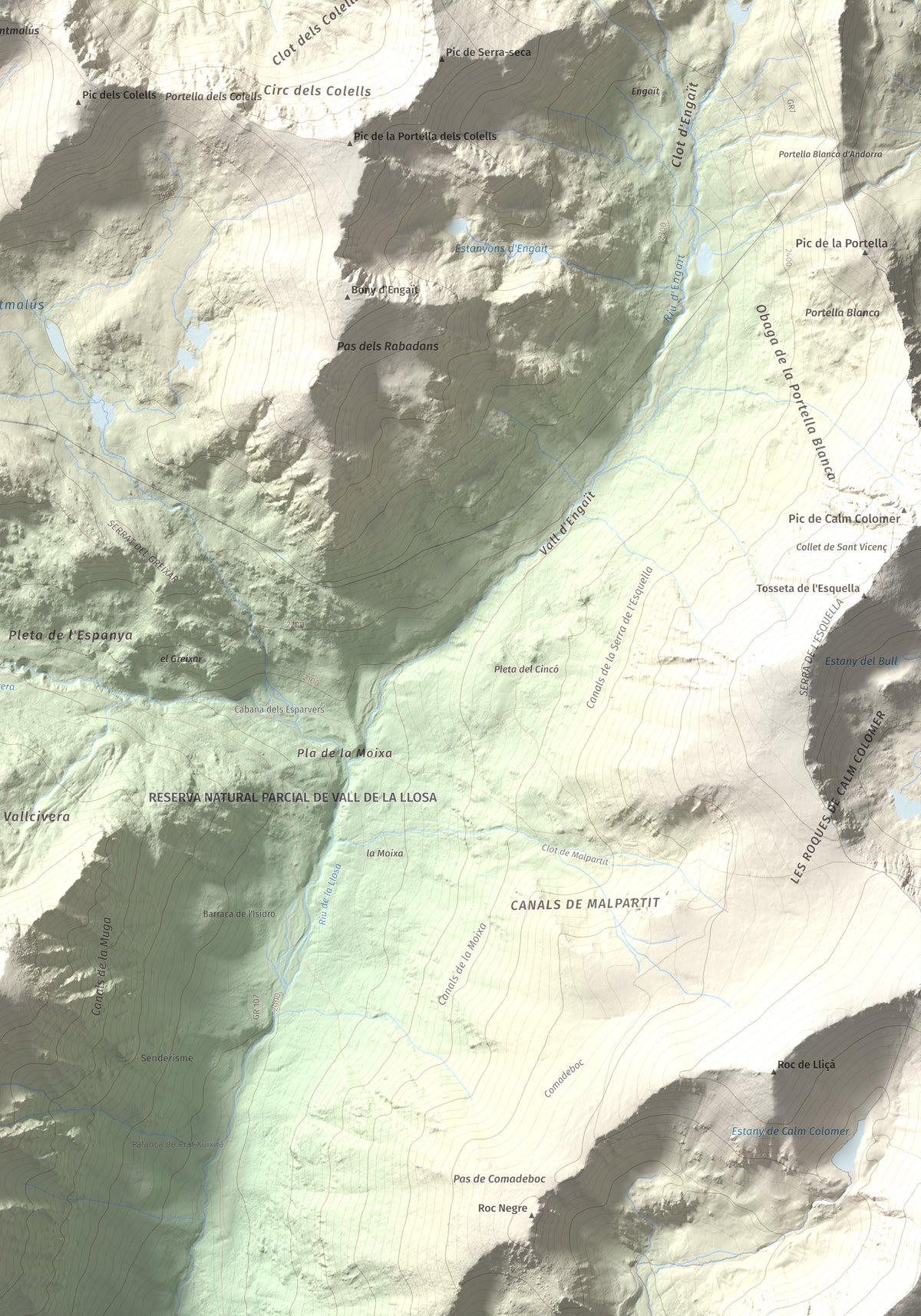 Mapa de relieve de Montmalús, 2781 m, Andorra, lámina 100 Cims de Trobart. Detalle de la zona inferior derecha. 70 × 100 cm.