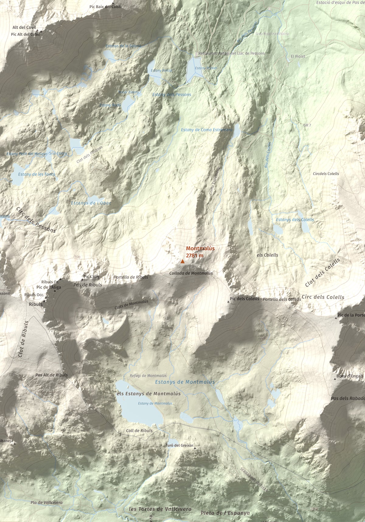 Mapa de relieve de Montmalús, 2781 m, Andorra, lámina 100 Cims de Trobart. Detalle de la zona central. 70 × 100 cm.