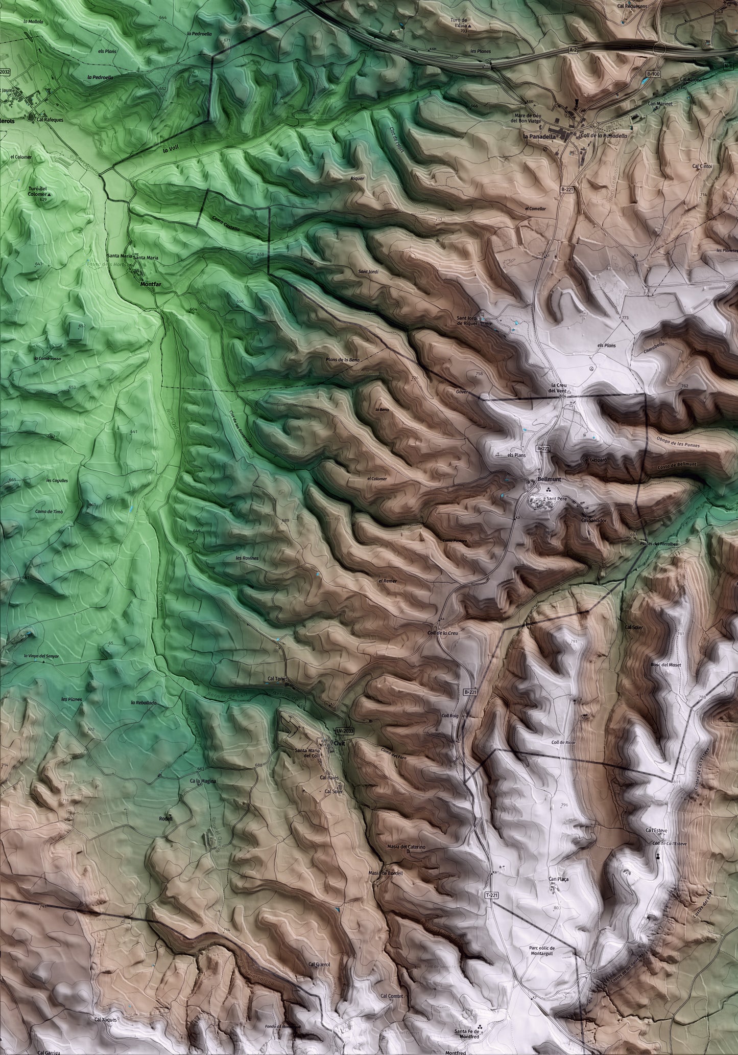 Mapa artístico del relieve de Montmaneu, al Anoia, con 15 km de entorno y base topográfica ICGC. Detalle de la zona inferior izquierda.