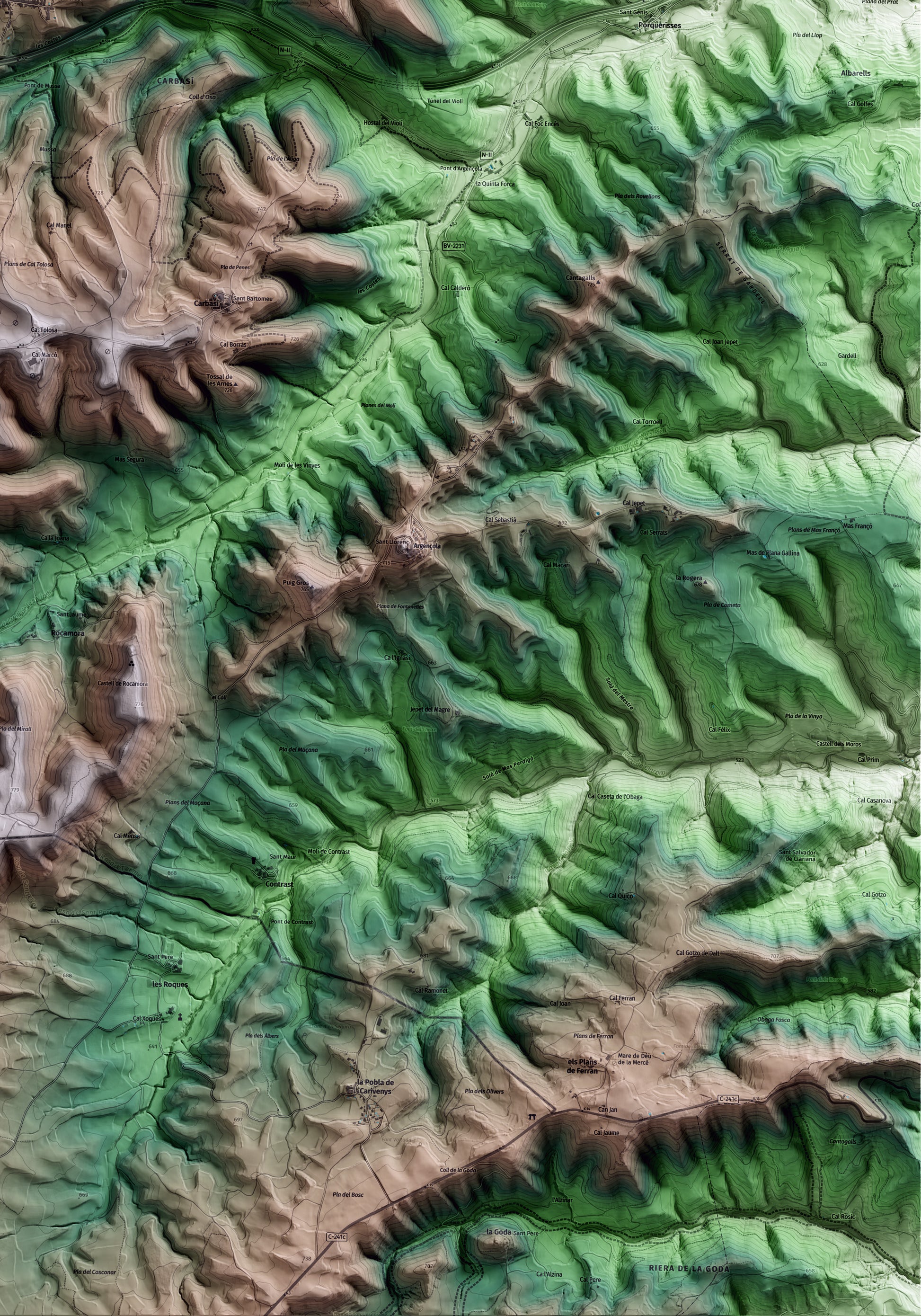 Mapa artístico del relieve de Montmaneu, al Anoia, con 15 km de entorno y base topográfica ICGC. Detalle de la zona inferior derecha.