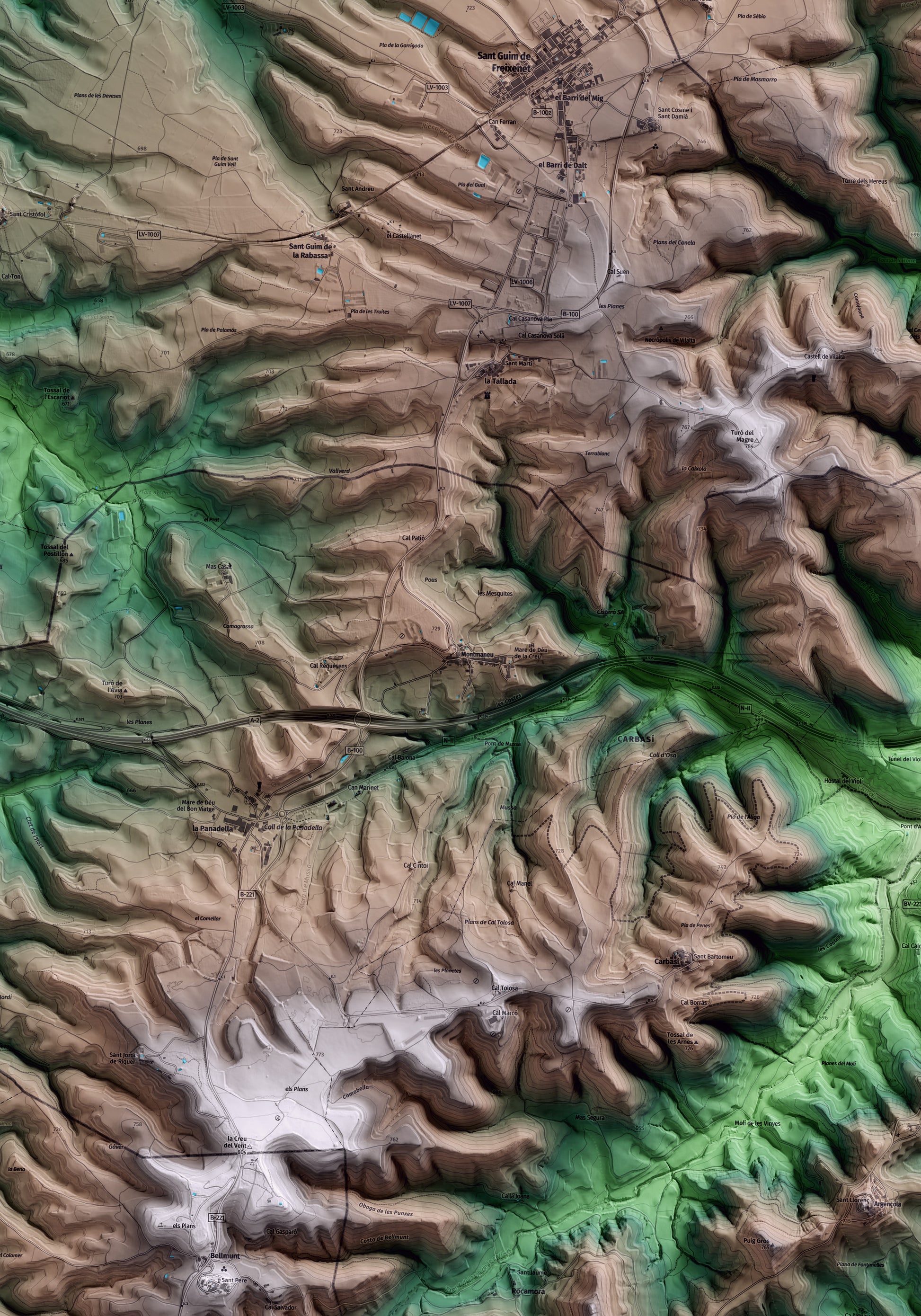 Mapa artístico del relieve de Montmaneu, al Anoia, con 15 km de entorno y base topográfica ICGC. Detalle de la zona central.