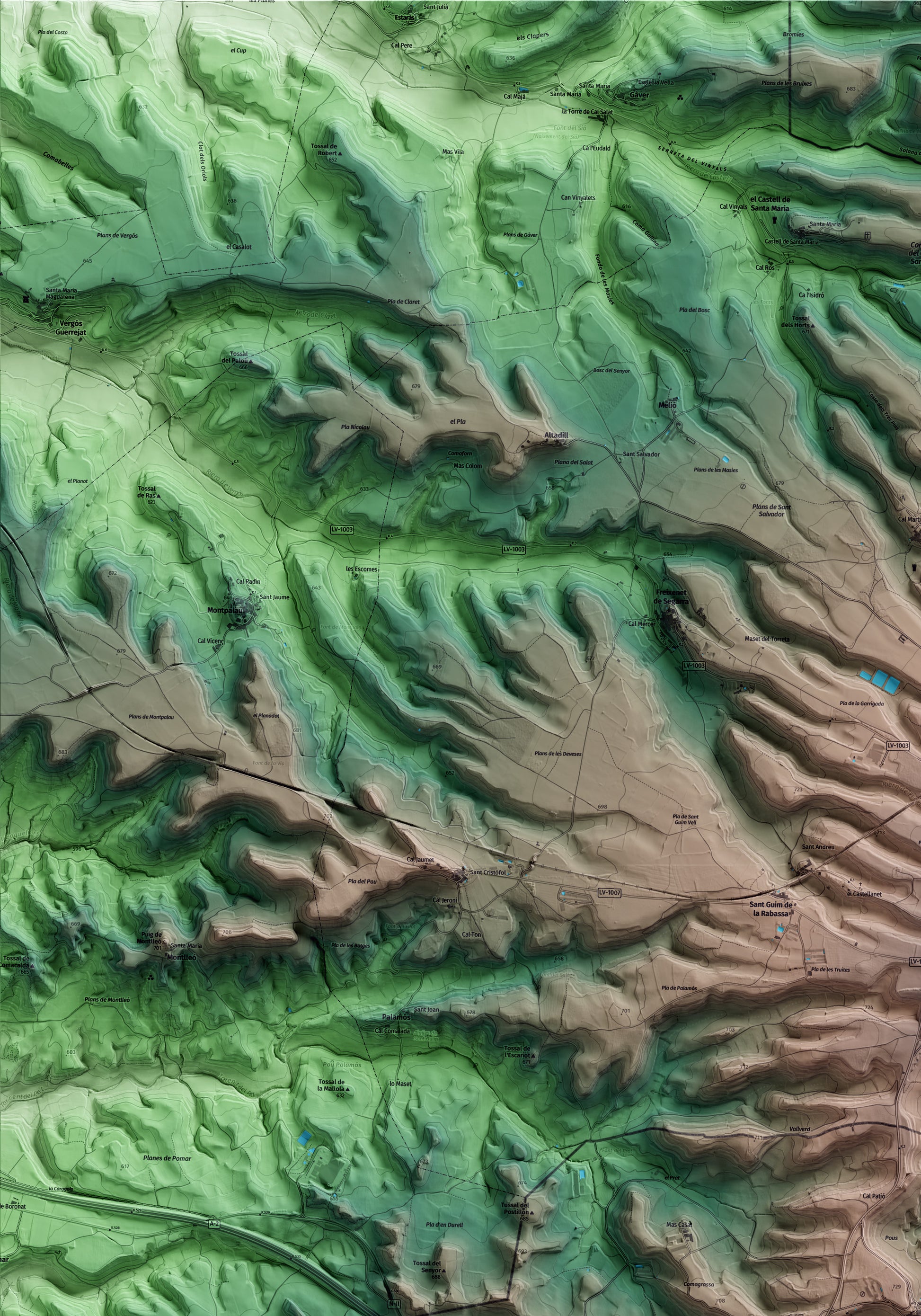 Mapa artístico del relieve de Montmaneu, al Anoia, con 15 km de entorno y base topográfica ICGC. Detalle de la zona superior izquierda.