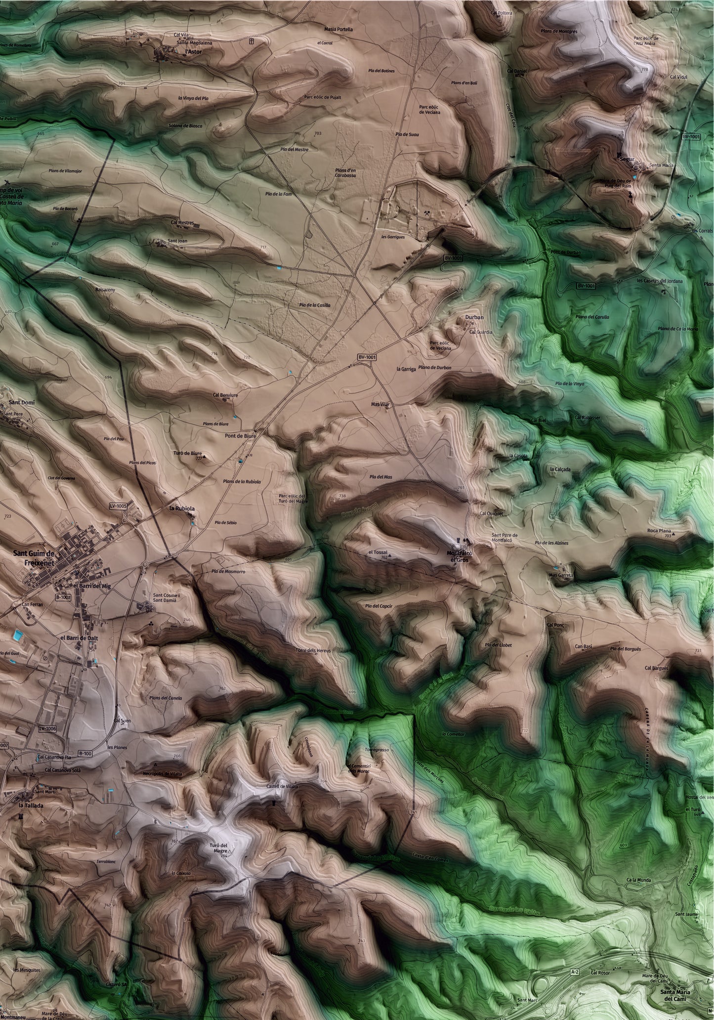 Mapa artístico del relieve de Montmaneu, al Anoia, con 15 km de entorno y base topográfica ICGC. Detalle de la zona superior derecha.