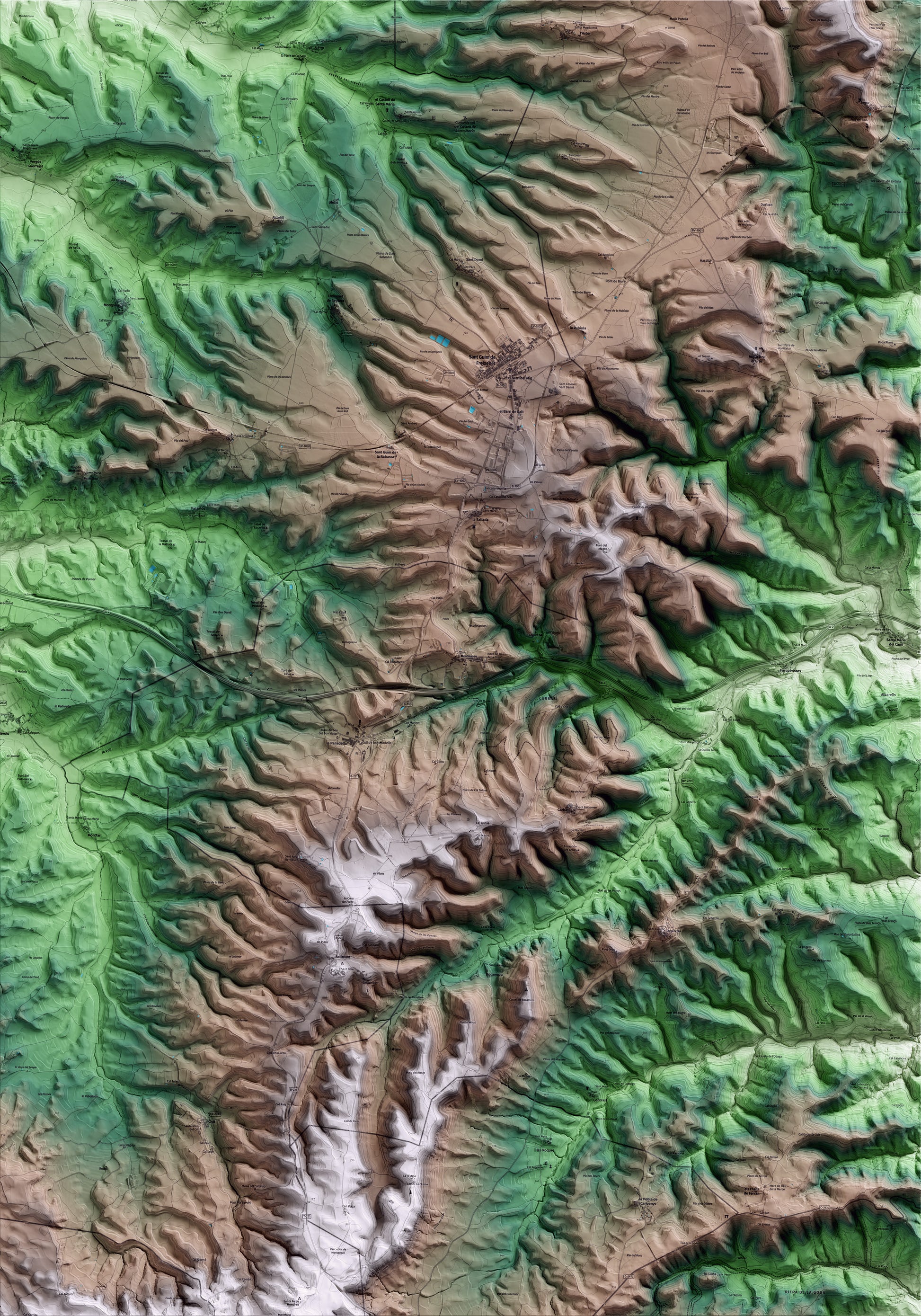 Mapa artístico del relieve de Montmaneu, al Anoia, con 15 km de entorno y base topográfica ICGC