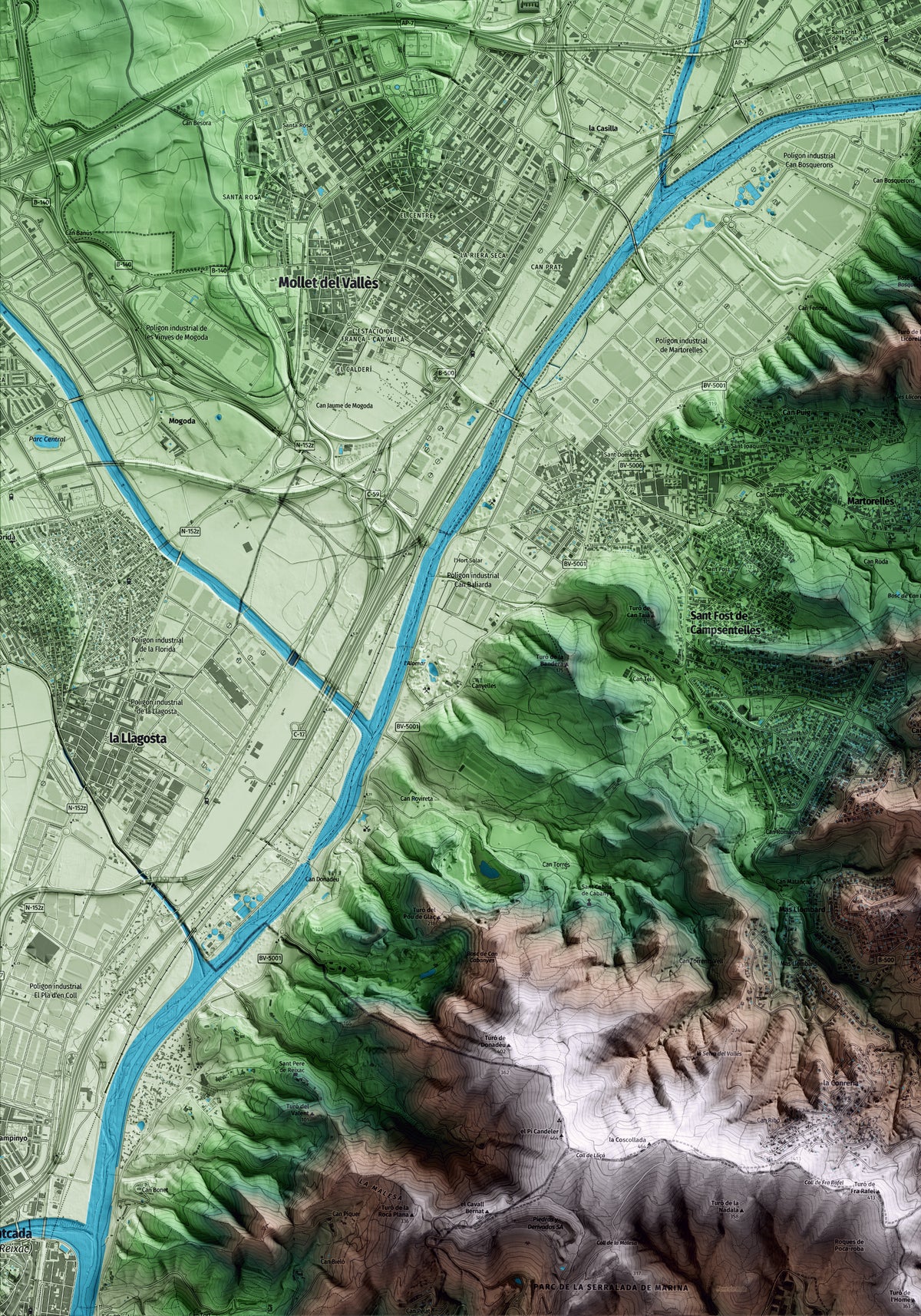Mapa artístico del relieve de Montmeló, al Vallès Oriental, con 15 km de entorno y base topográfica ICGC. Detalle de la zona inferior izquierda.