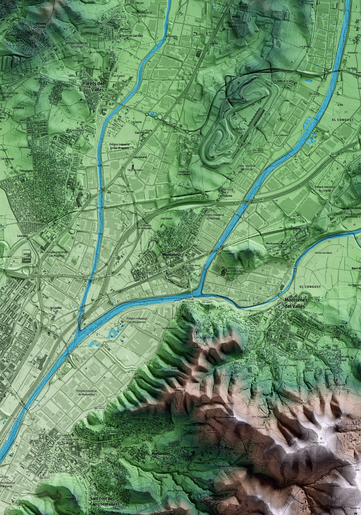 Mapa artístico del relieve de Montmeló, al Vallès Oriental, con 15 km de entorno y base topográfica ICGC. Detalle de la zona central.