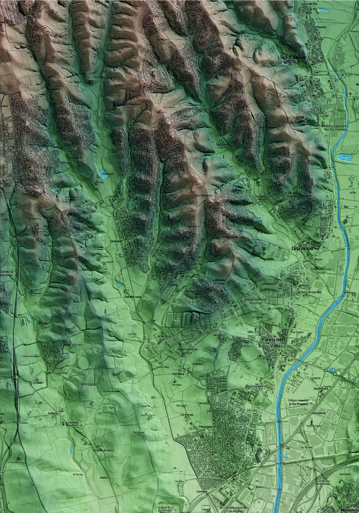 Mapa artístico del relieve de Montmeló, al Vallès Oriental, con 15 km de entorno y base topográfica ICGC. Detalle de la zona superior izquierda.