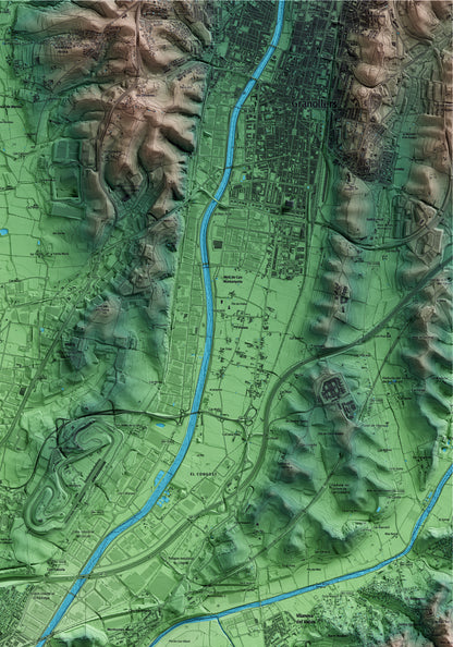 Mapa artístico del relieve de Montmeló, al Vallès Oriental, con 15 km de entorno y base topográfica ICGC. Detalle de la zona superior derecha.