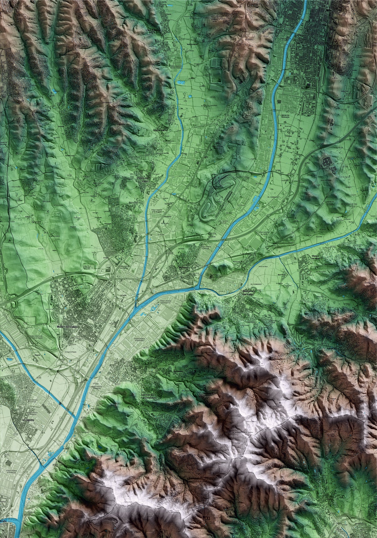 Mapa artístico del relieve de Montmeló, al Vallès Oriental, con 15 km de entorno y base topográfica ICGC