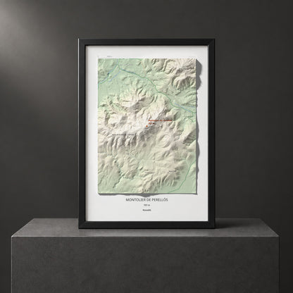 Mapa topográfico del relieve: Montolier de Perellós, 707 m. Presentación enmarcada. 21 × 30 cm.