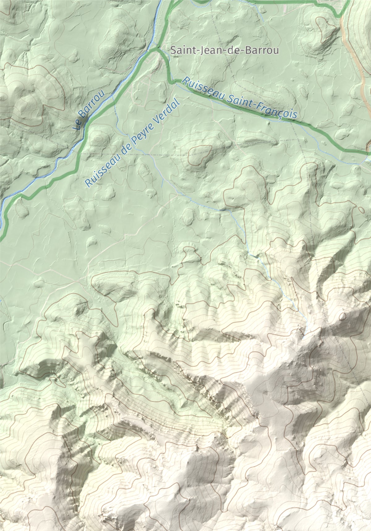 Mapa topográfico del relieve: Montolier de Perellós, 707 m. Detalle de la zona superior izquierda. 21 × 30 cm.