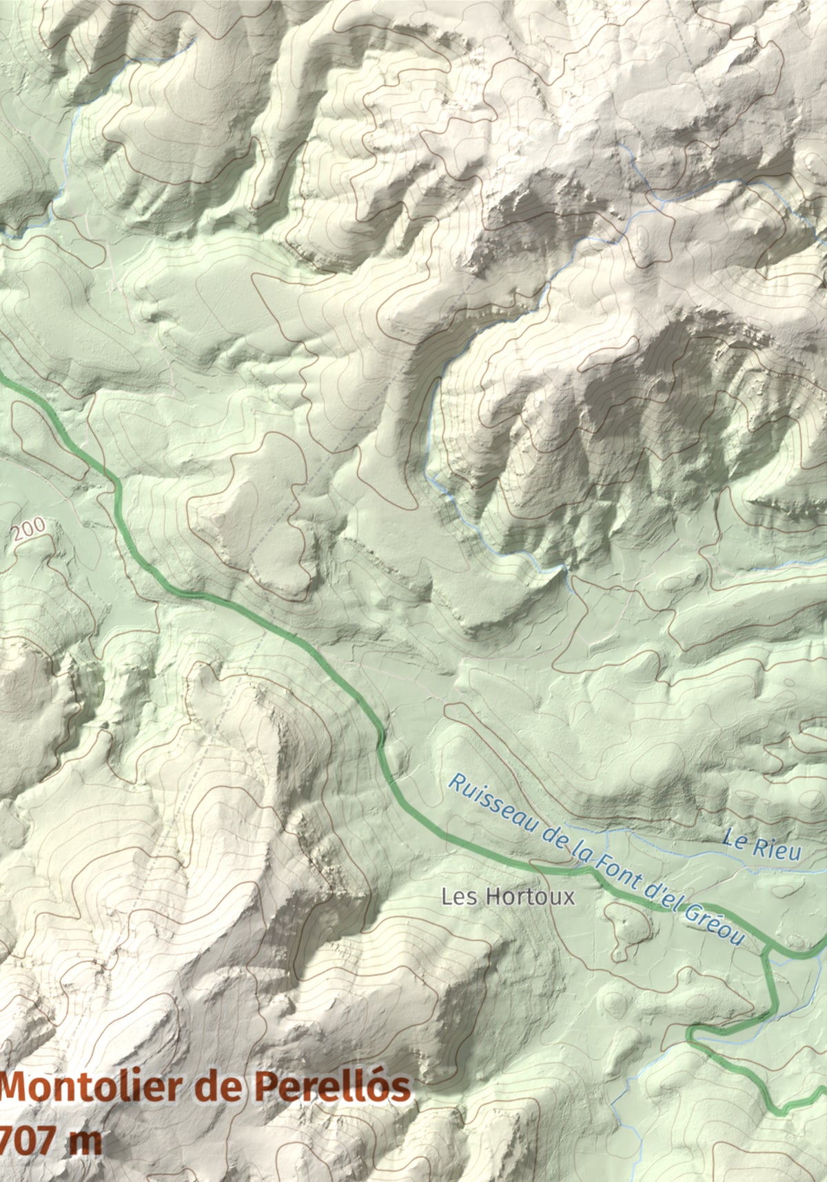 Mapa topográfico del relieve: Montolier de Perellós, 707 m. Detalle de la zona superior derecha. 21 × 30 cm.
