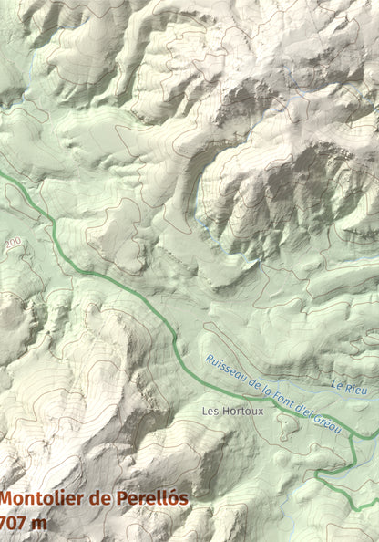 Mapa topográfico del relieve: Montolier de Perellós, 707 m. Detalle de la zona superior derecha. 21 × 30 cm.