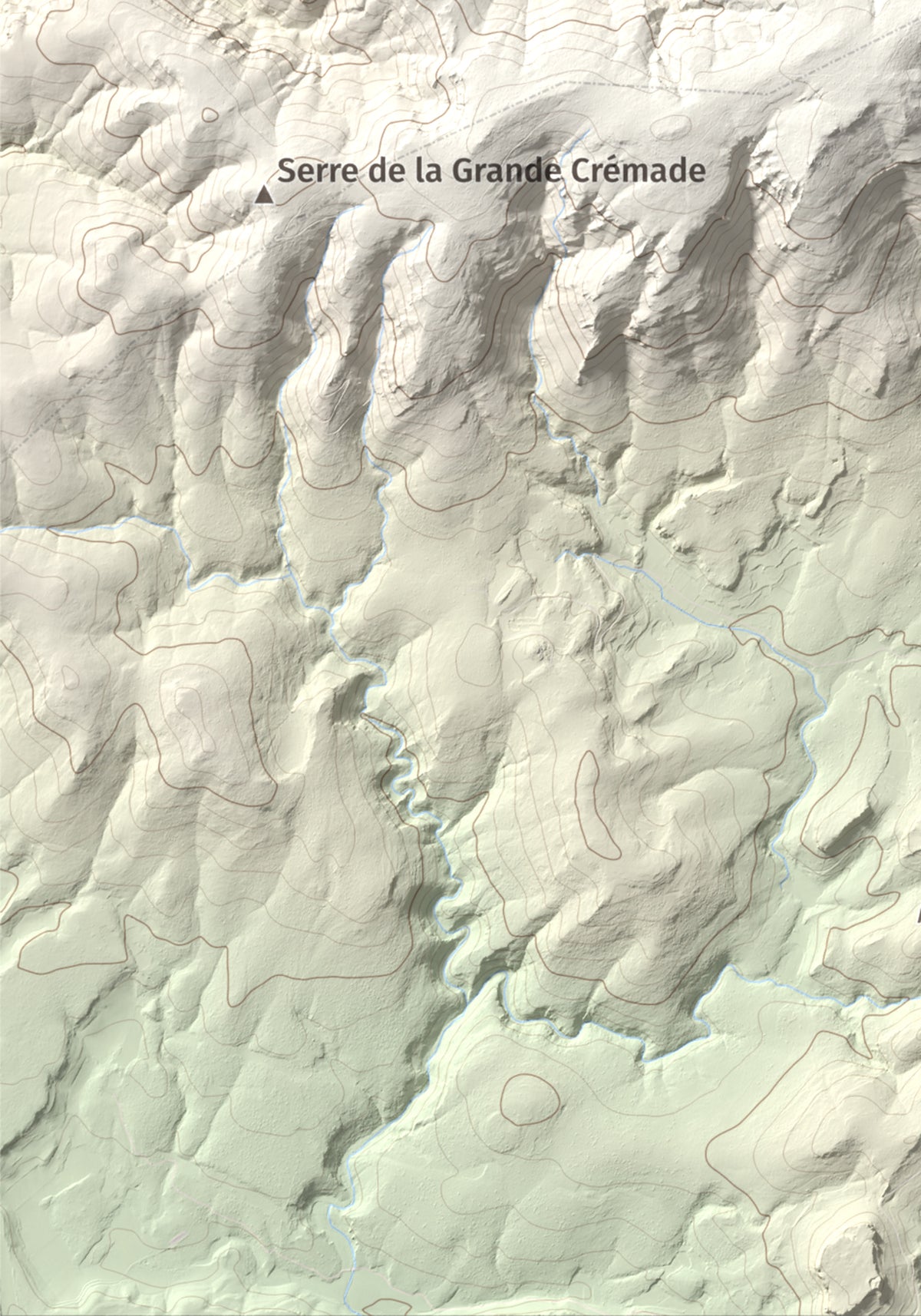 Mapa topográfico del relieve: Montolier de Perellós, 707 m. Detalle de la zona inferior izquierda. 21 × 30 cm.