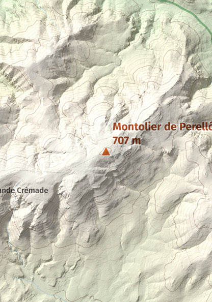 Mapa topográfico del relieve: Montolier de Perellós, 707 m. Detalle de la zona central. 21 × 30 cm.