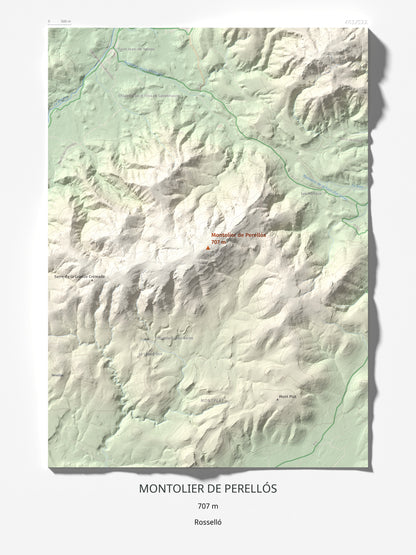 Mapa topográfico del relieve: Montolier de Perellós, 707 m. Lámina completa. 30 × 40 cm.