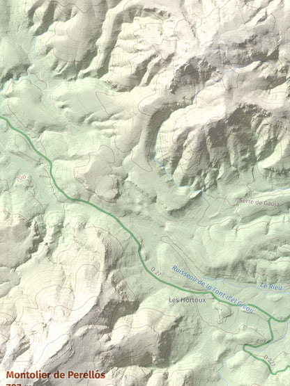 Mapa topográfico del relieve: Montolier de Perellós, 707 m. Detalle de la zona superior derecha. 30 × 40 cm.