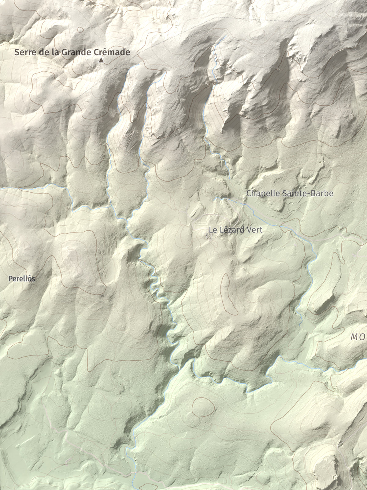 Mapa topográfico del relieve: Montolier de Perellós, 707 m. Detalle de la zona inferior izquierda. 30 × 40 cm.