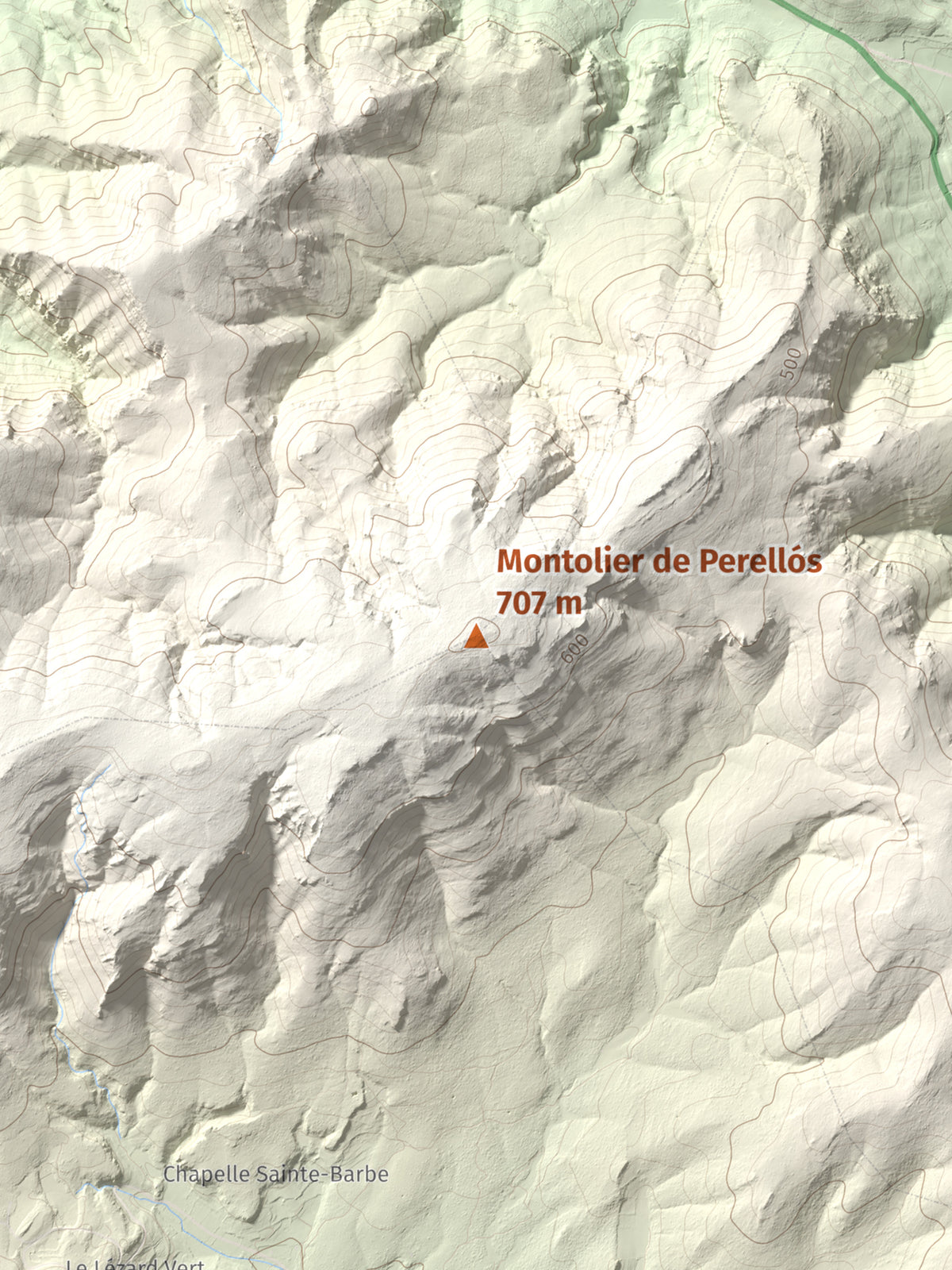 Mapa topográfico del relieve: Montolier de Perellós, 707 m. Detalle de la zona central. 30 × 40 cm.