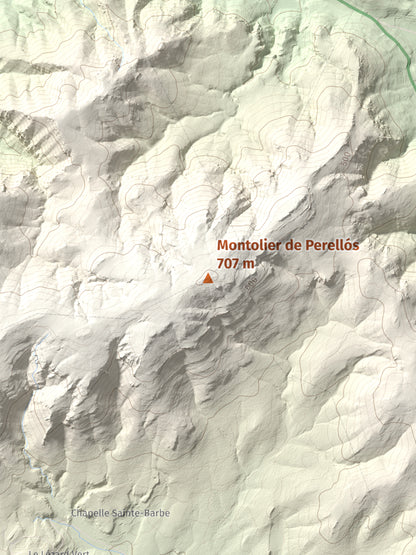 Mapa topográfico del relieve: Montolier de Perellós, 707 m. Detalle de la zona central. 30 × 40 cm.