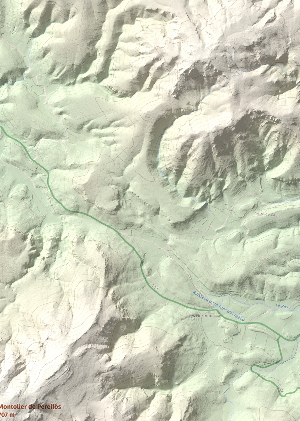 Mapa topográfico del relieve: Montolier de Perellós, 707 m. Detalle de la zona superior derecha. 50 × 70 cm.