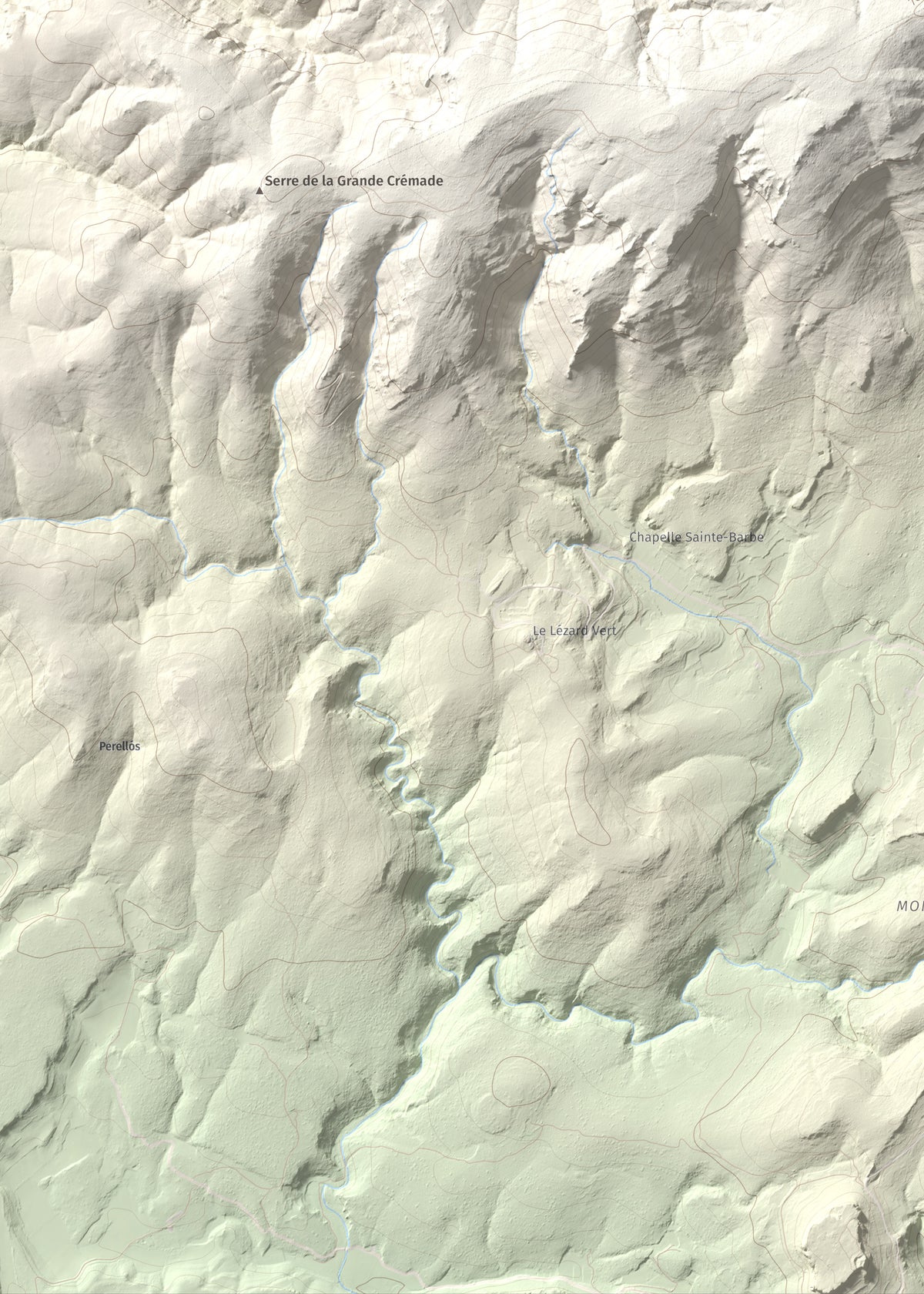 Mapa topográfico del relieve: Montolier de Perellós, 707 m. Detalle de la zona inferior izquierda. 50 × 70 cm.