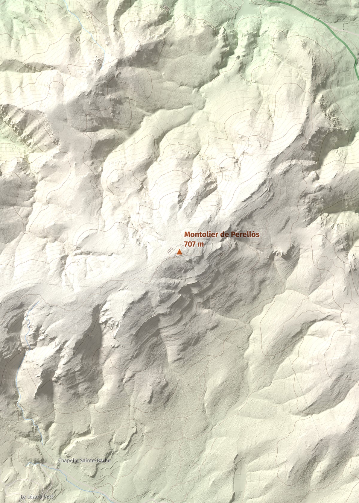 Mapa topográfico del relieve: Montolier de Perellós, 707 m. Detalle de la zona central. 50 × 70 cm.