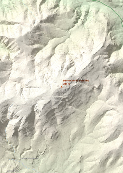 Mapa topográfico del relieve: Montolier de Perellós, 707 m. Detalle de la zona central. 50 × 70 cm.